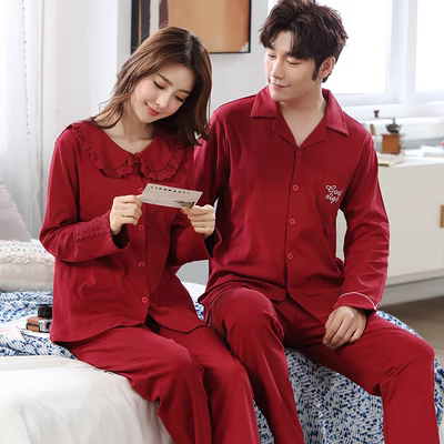 Bộ đồ ngủ đôi nữ cô dâu mùa xuân và mùa thu cotton dài tay năm con chuột mới cưới màu đỏ nam phục vụ tại nhà phù hợp với mùa thu đông - Bộ Pajama