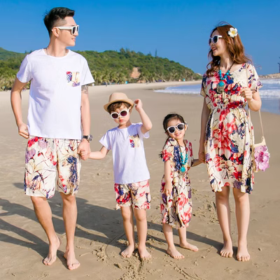 Đi biển cha mẹ mặc quần áo mùa hè 2019 mẹ và con gái váy đi biển mới cha và con trai Bộ đồ cotton cho một gia đình ba và bốn người đi nghỉ - Trang phục dành cho cha mẹ và con