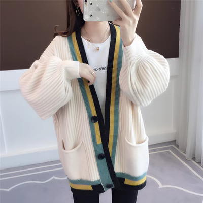 Áo khoác dệt kim cổ chữ V mới thu đông 2019 phiên bản Hàn Quốc của áo len rộng giữa chiều dài kiểu dáng đại học kết hợp áo len dày - Vòng cổ áo len