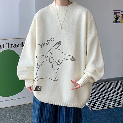 Phong cách Hồng Kông áo thun đáy quần nam hoạt hình Pikachu áo len cổ tròn áo len phiên bản Hàn Quốc xu hướng lười biếng - Kéo qua
