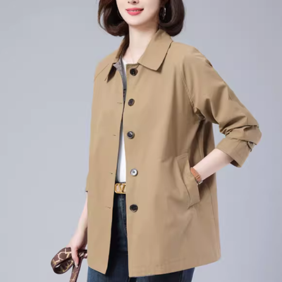 Hàng châu Âu mới mùa xuân và mùa thu phụ nữ giản dị áo khoác lỏng lẻo nút áo cape ngắn áo gió ngắn - Trench Coat