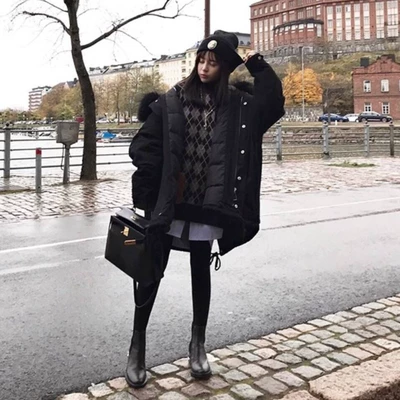 Dongdaemun xuống áo khoác nữ mid-dày len Hàn Quốc cổ áo mới mùa đông bf phong cách áo khoác lỏng lẻo - Xuống áo khoác