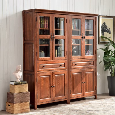 Tủ sách gỗ đặc kiểu Mỹ có cửa kính Tủ sách gỗ tần bì đơn giản đa chức năng Tủ trưng bày nội thất phòng học - Buồng