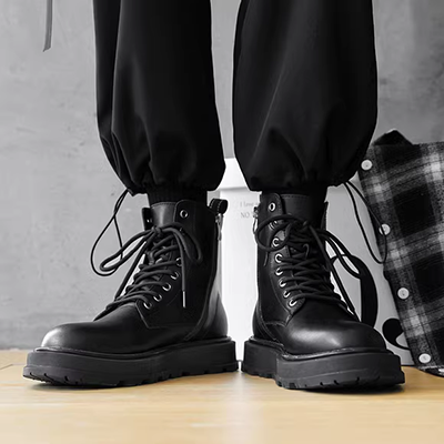 Giày bốt đen nam da nam mùa thu và mùa đông hoang dã cộng với đôi bốt nhung ngắn nam phong cách Anh phủ sương retro cao cổ nam - Giày ống