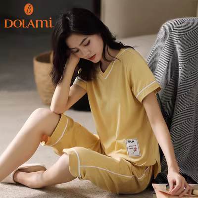 Đồ ngủ Dolamei của phụ nữ mùa hè cotton tinh khiết ngắn tay quần cắt ngắn hai mảnh phong cách Hàn Quốc tươi áo pull cổ chữ v phù hợp với dịch vụ tại nhà - Cha mẹ và con
