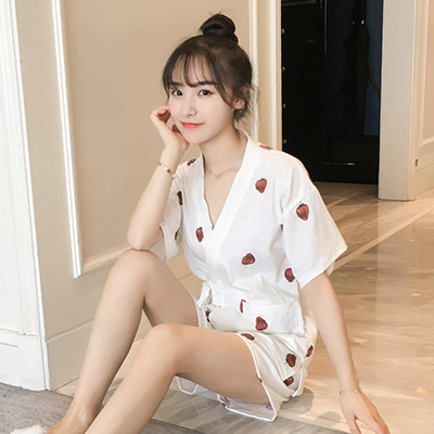 Áo choàng ngủ kiểu kimono nữ váy ngủ dài dễ thương mùa hè áo choàng tắm mỏng bông tinh khiết buổi sáng ngắn tay - Night Robe