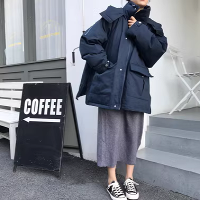 [Hoa hậu cáo] Áo khoác mùa đông kiểu Hàn Quốc phong cách Hồng Kông mới giữa áo khoác có mũ trùm đầu bằng vải bông - Bông